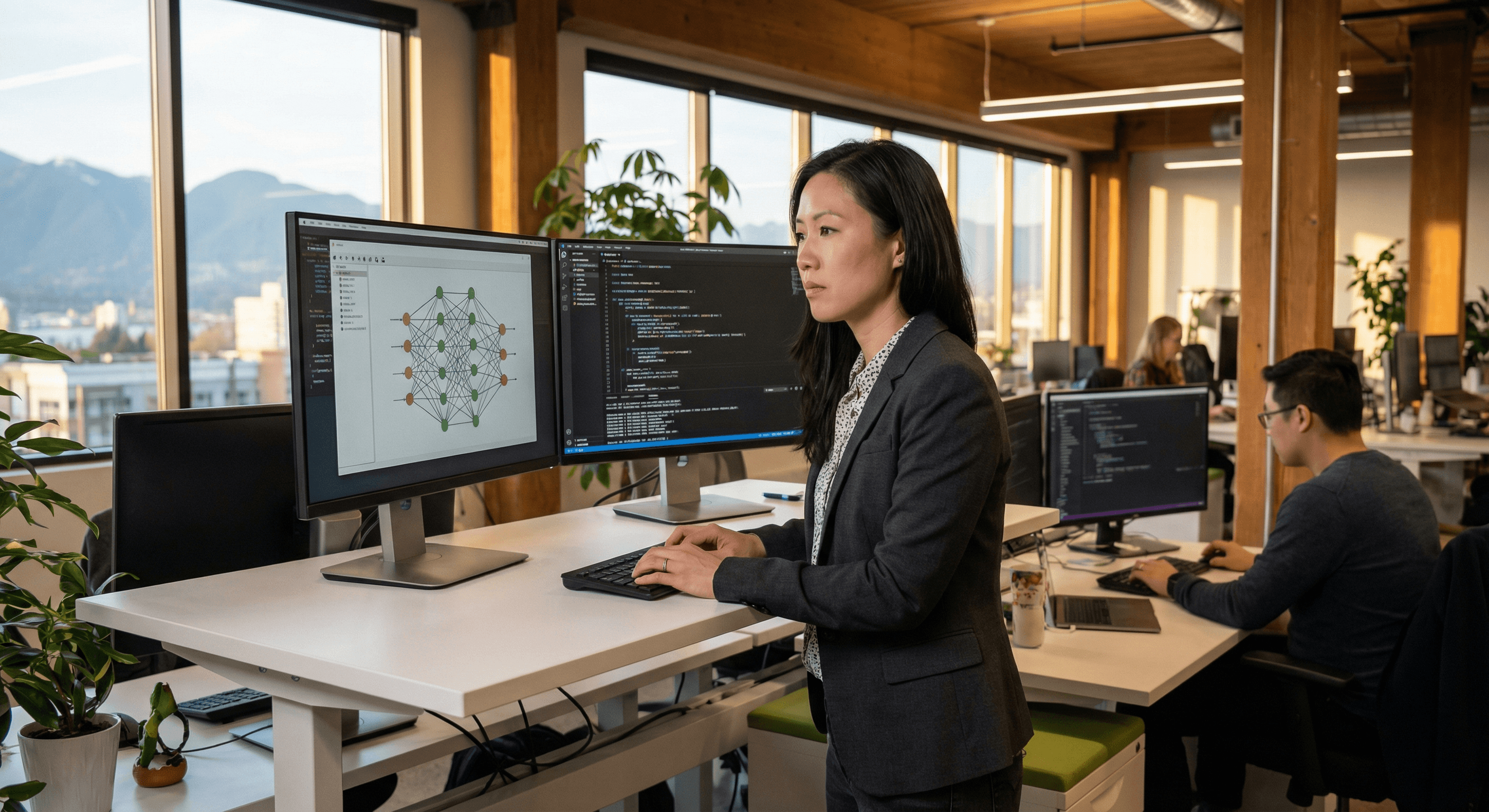 AI engineer working with neural network visualizations in a Vancouver tech office
