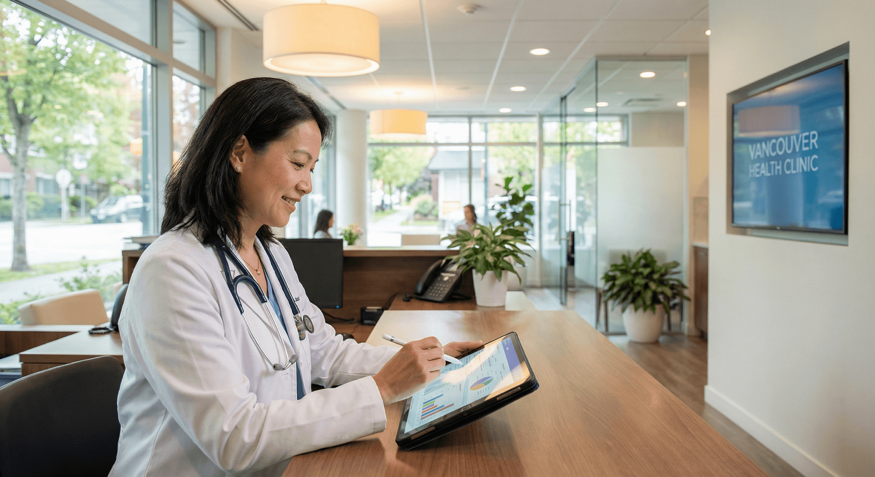 Doctor using tablet with patient data visualization in a Vancouver clinic