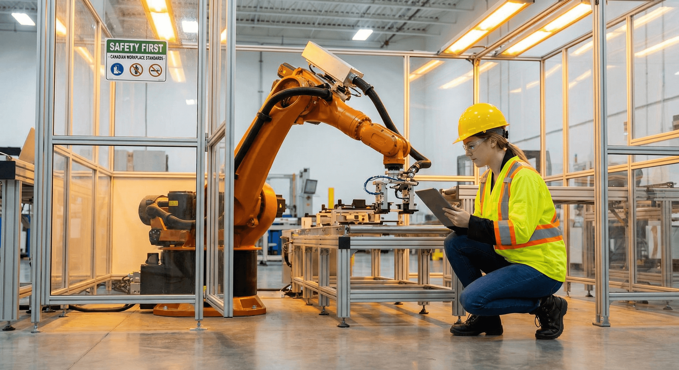 Engineer working alongside industrial robotic arm in Canadian manufacturing facility
