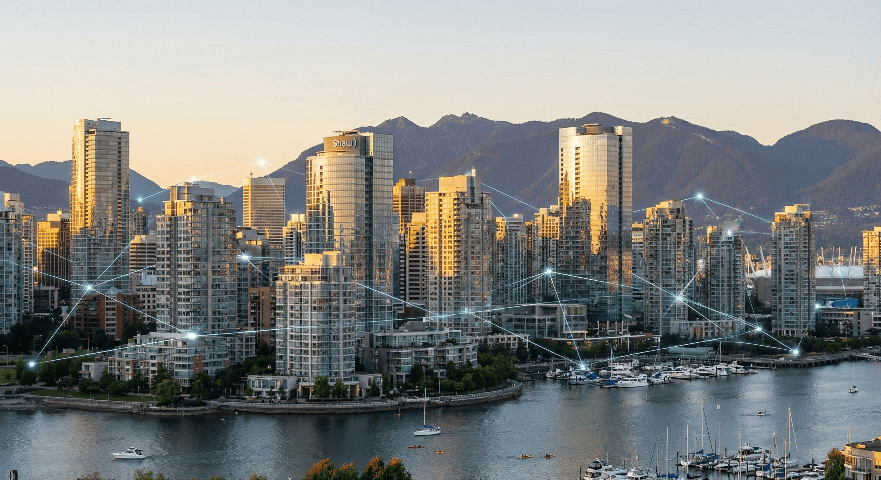 Vancouver skyline at golden hour with IoT network visualization overlay