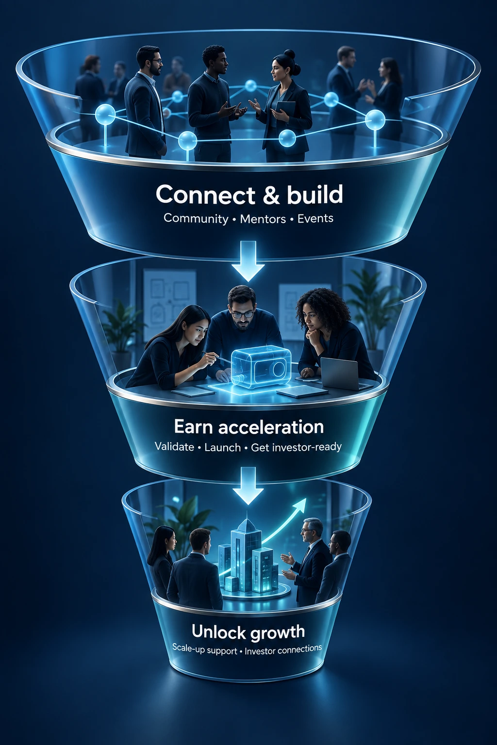 Start with community, earn deeper support as your business develops, and prepare for your next stage of growth.