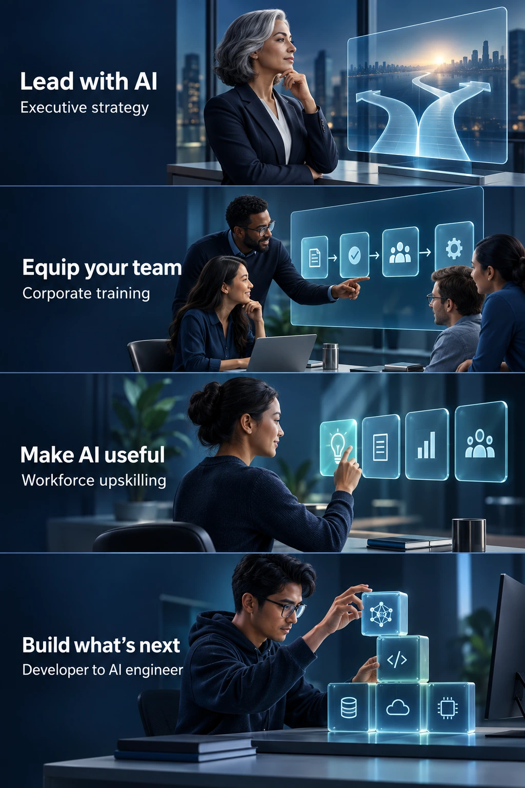 Lead with confidence, equip your team or build practical AI systems. Choose the learning path that fits your goals.